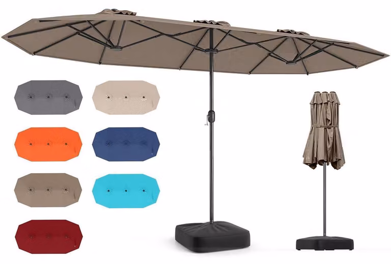 Ombrellone doppio, 400 x 200 cm, con base e manovella, protezione solare UPF 50+, ombrellone grande per mercati, ombrellone per terrazza (marrone, senza luci LED)
