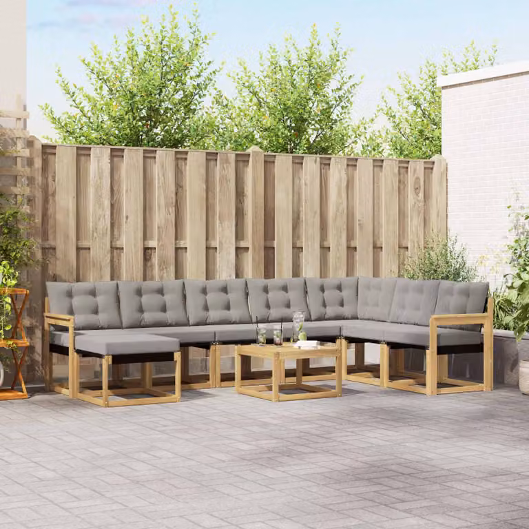 vidaXL Set di divani da esterno a L in legno di acacia con 9 pezzi, Bianco, Grigio e Marrone