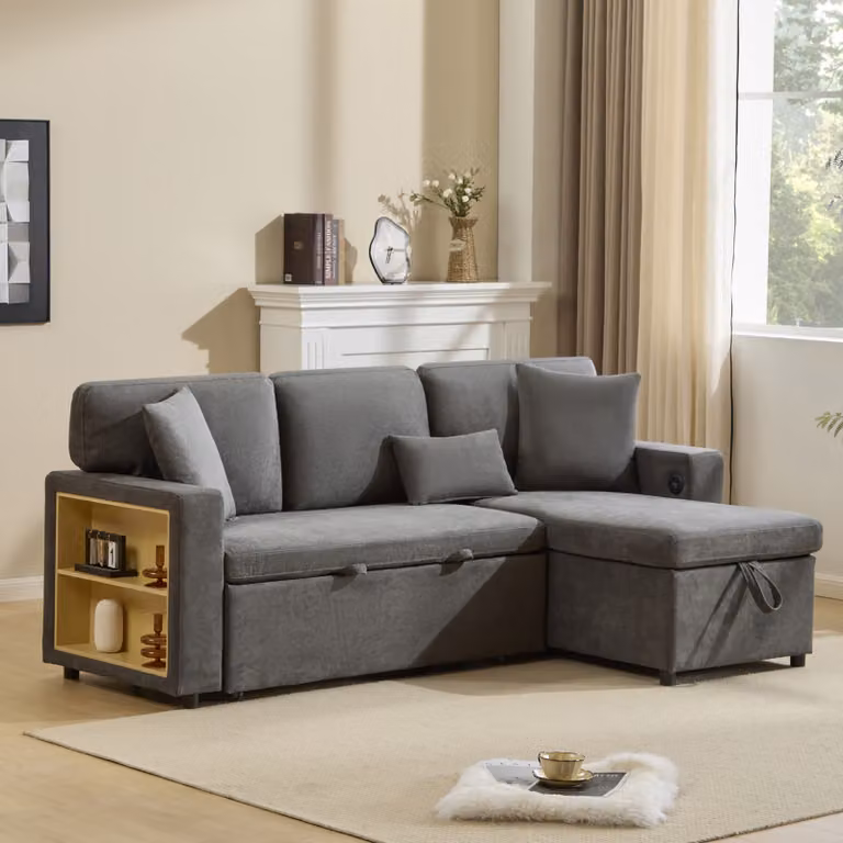 STILVORA Divano letto, divano lounge con funzione letto, divano a L con contenitore e mensola integrata, divano relax con funzione contenitore, grigio scuro