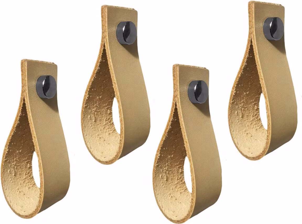 Set di 4 maniglie in pelle, anelli, per mobili, naturale