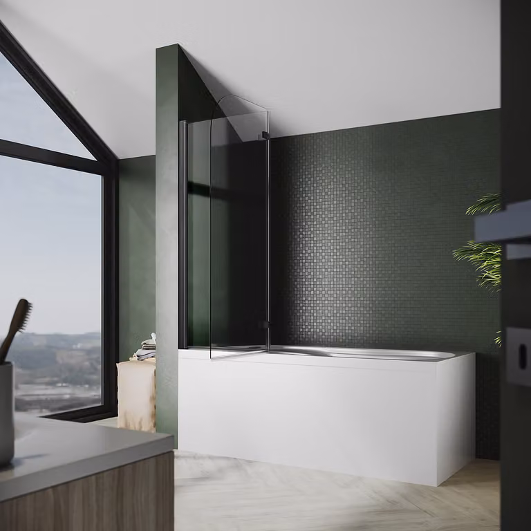 Attacco per vasca SONNI, schermo pieghevole 120x140cm, cabina doccia pieghevole, cabina doccia NANO 6mm vetro nero