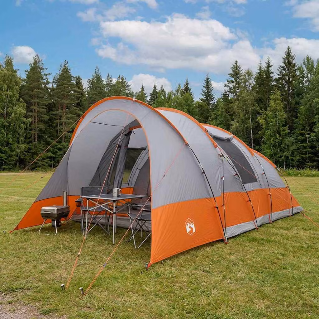 Tenda a tunnel vidaXL in poliestere, Grigio e arancione, L 560 x P 395 x H 212 cm