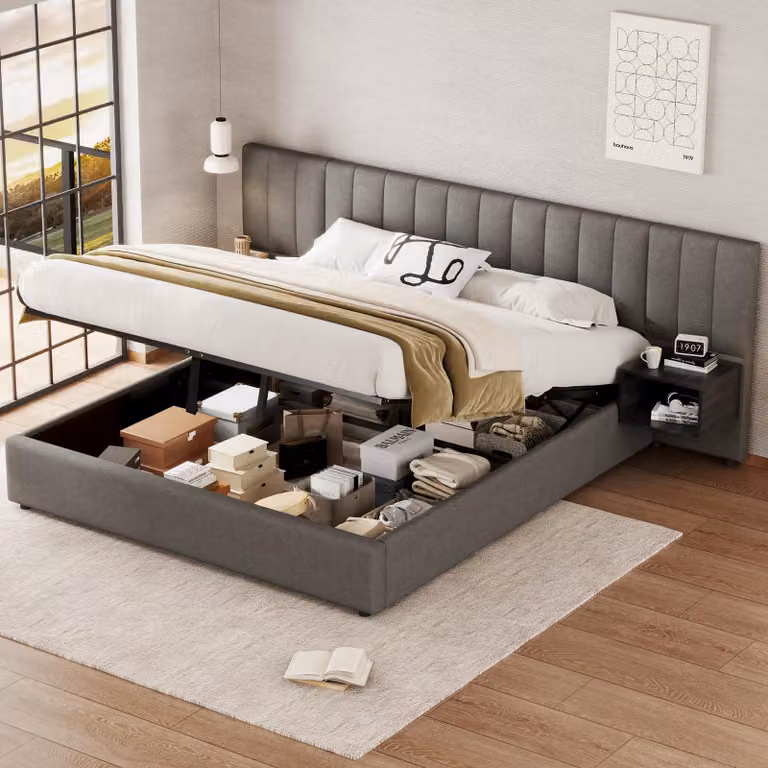 MODFU Letto boxspring idraulico 180 x 200 cm con 2 comodini, Letto imbottito Letto matrimoniale Letto contenitore con spazio di stoccaggio, Grigio (senza materasso)