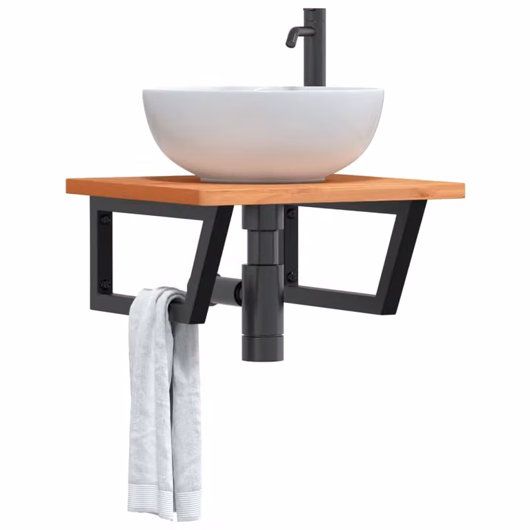 vidaXL Ripiano a Parete per Lavabo in Faggio e Metallo, Nero e Marrone