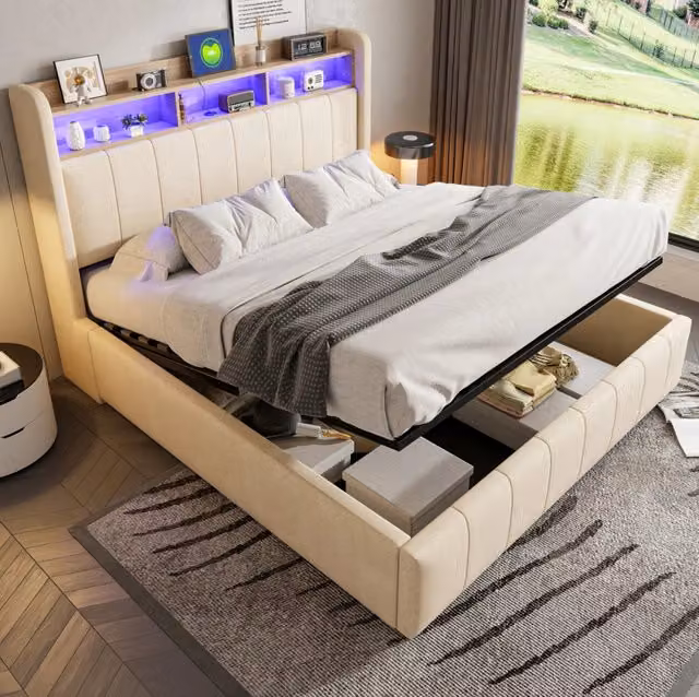 Letto imbottito 160x200 cm con LED; USB; presa Type-C e contenitore idraulico; beige