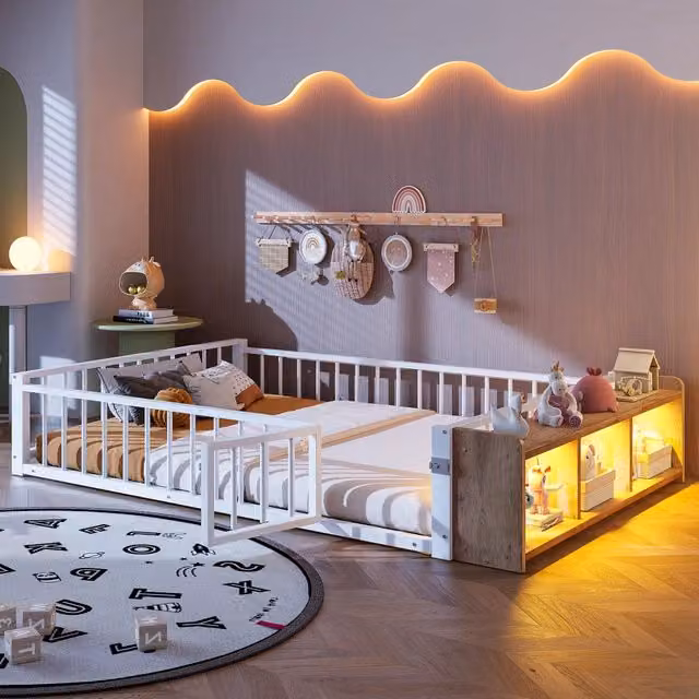 Letto singolo con protezione - Zephmum- 140x200 cm- Bianco- LED, cassetti