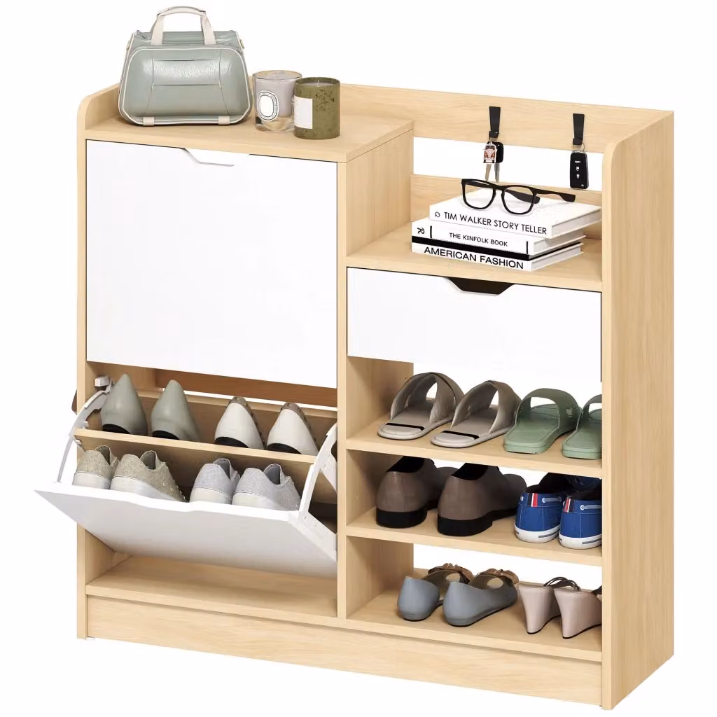 Scarpiera da ingresso XYLO con cassetto e appendiabiti, colore bianco, L: 90 cm, H: 90 cm, P: 30 cm – 2