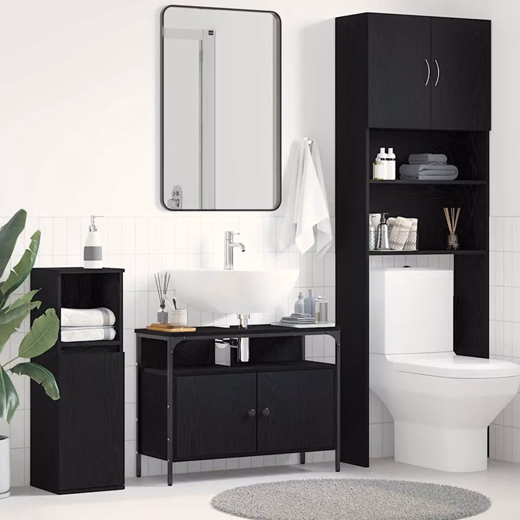 Armadio per lavabo da bagno vidaXL in legno e metallo nero opaco L: 80 cm, P: 30 cm, H: 60 cm