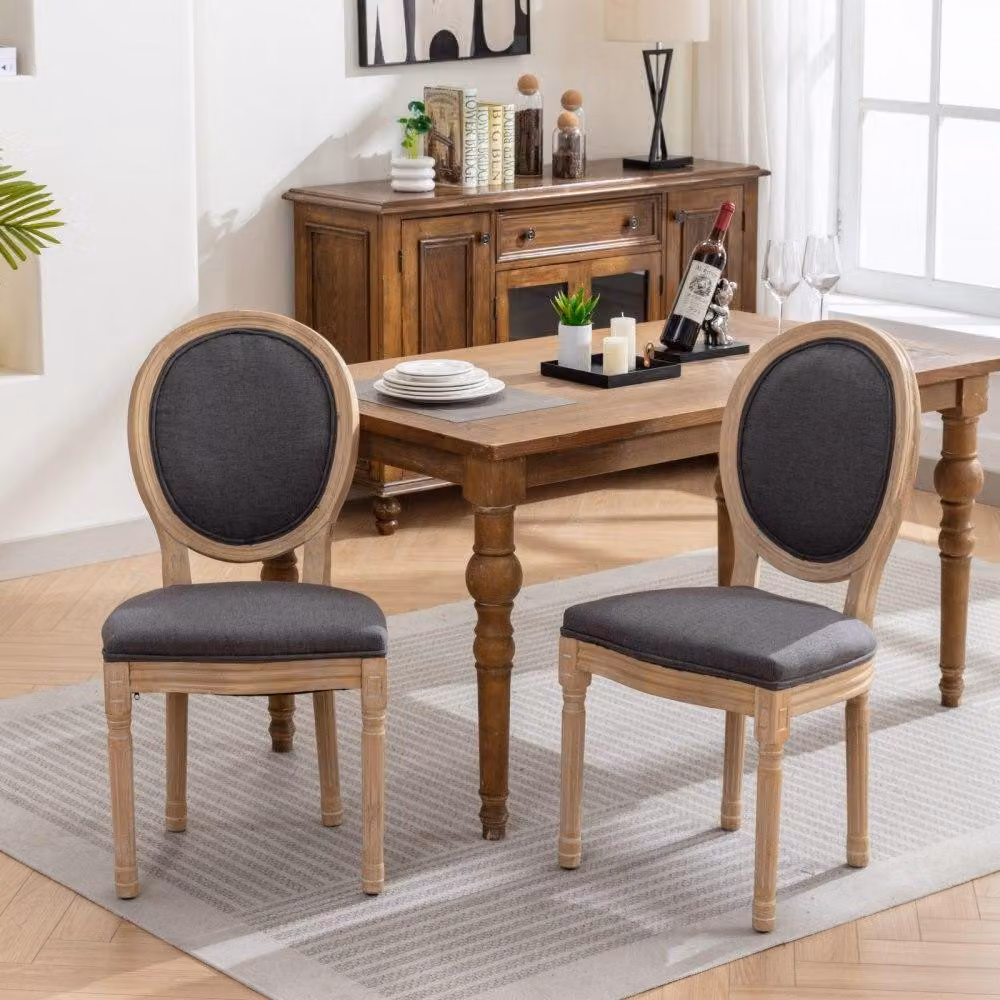 Set di due eleganti sedie da pranzo in tonalità grigio scuro, in stile francese e con schienale ispirato alle pitture ad olio vintage