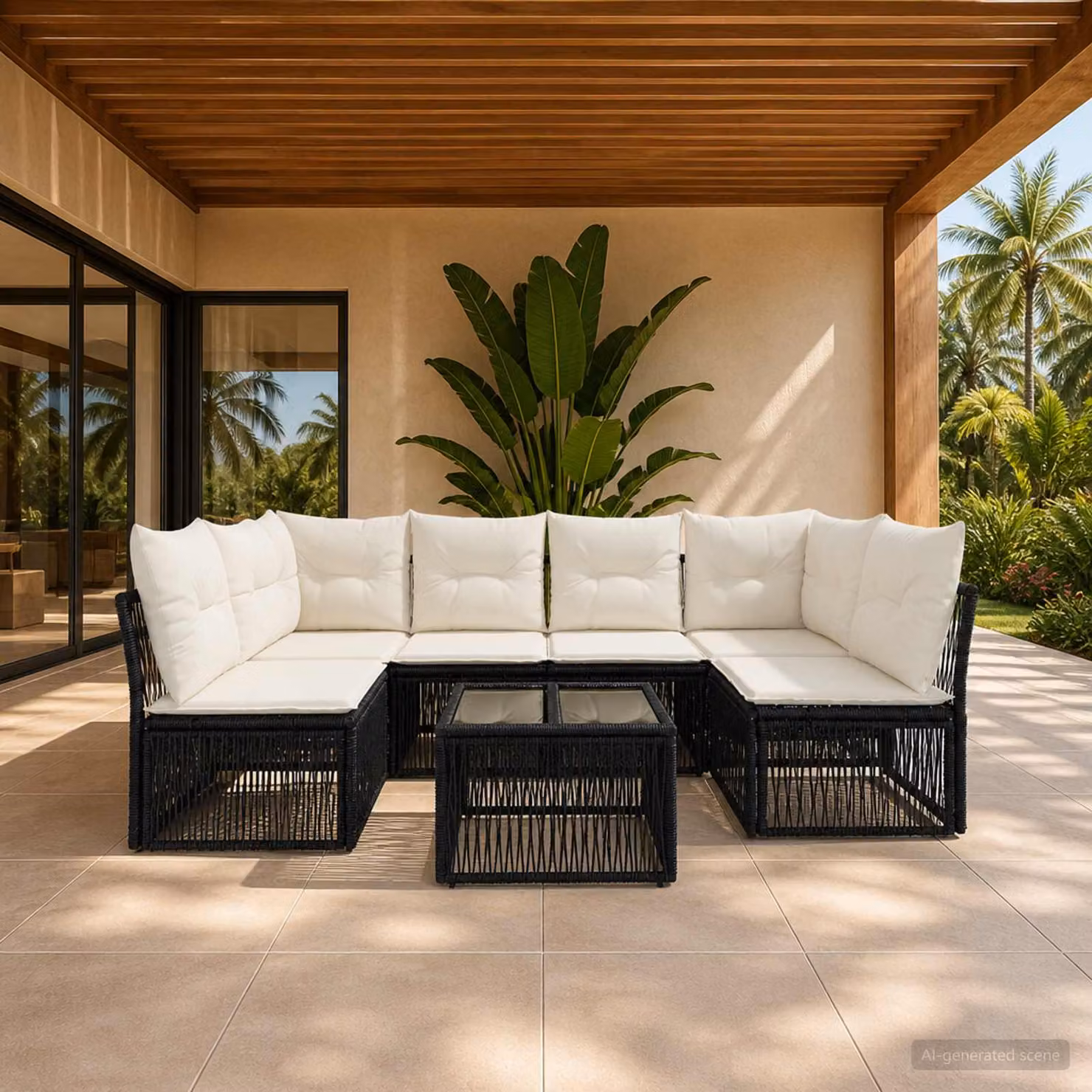 Set Divano da Giardino vidaXL 7 Pezzi a Forma di U con Tavolino, Polyrattan e Colore Nero