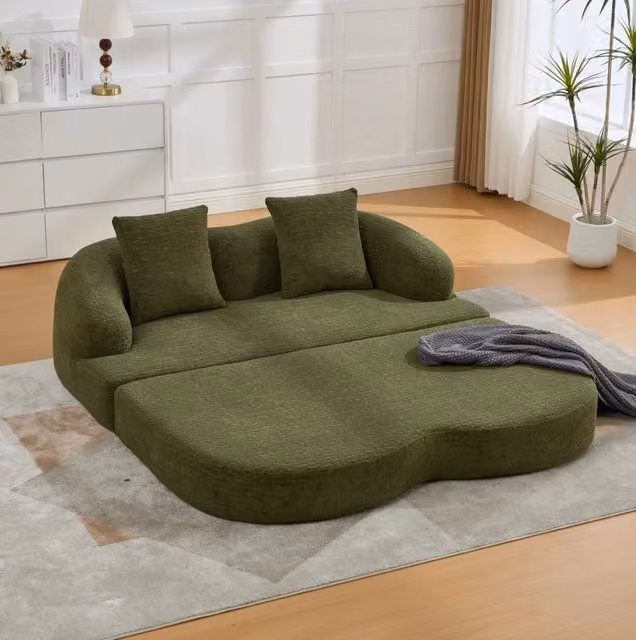 Divano letto 2 posti pieghevole in ciniglia verde; 157x84x65 cm; senza montaggio