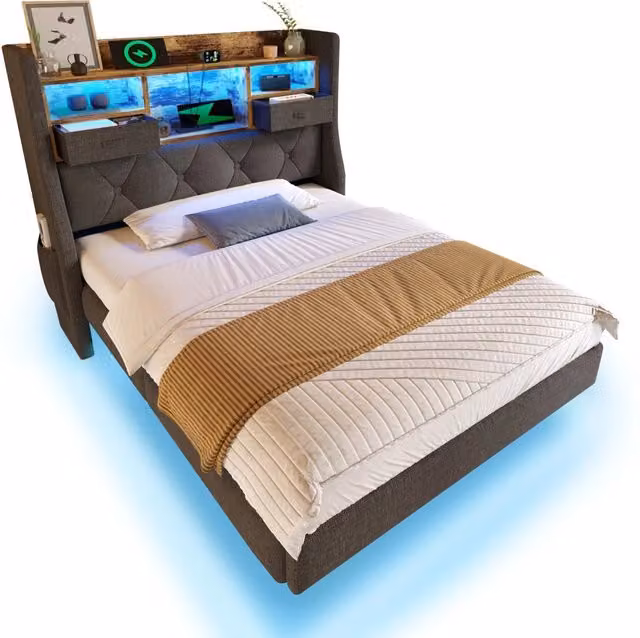 Letto singolo 90x200 cm con materasso; LED e testiera contenitore in tessuto grigio