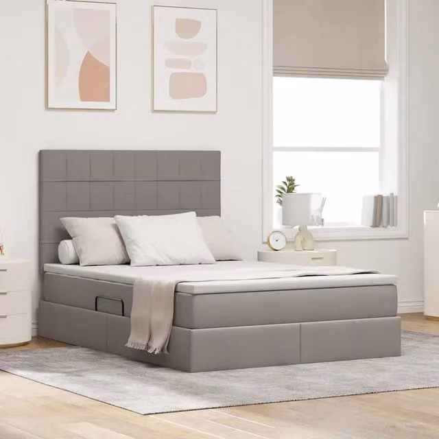 Letto con contenitore e materasso vidaXL in tessuto beige e grigio con illuminazione LED e porte USB L/P/H: 140 x 200 x 128 cm