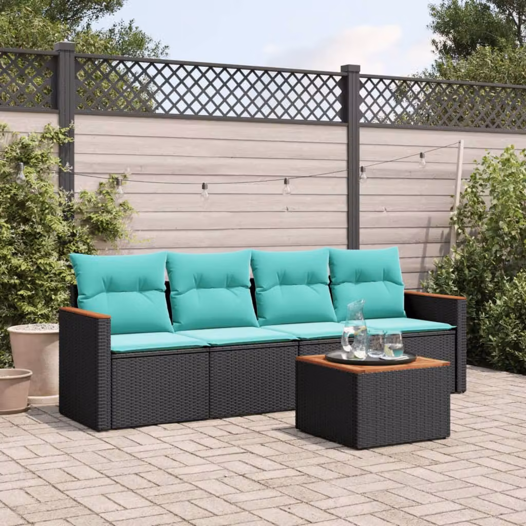 Set da giardino vidaXL composto da 5 pezzi con divani e tavolino, struttura in metallo e rattan con cuscini inclusi, colore nero