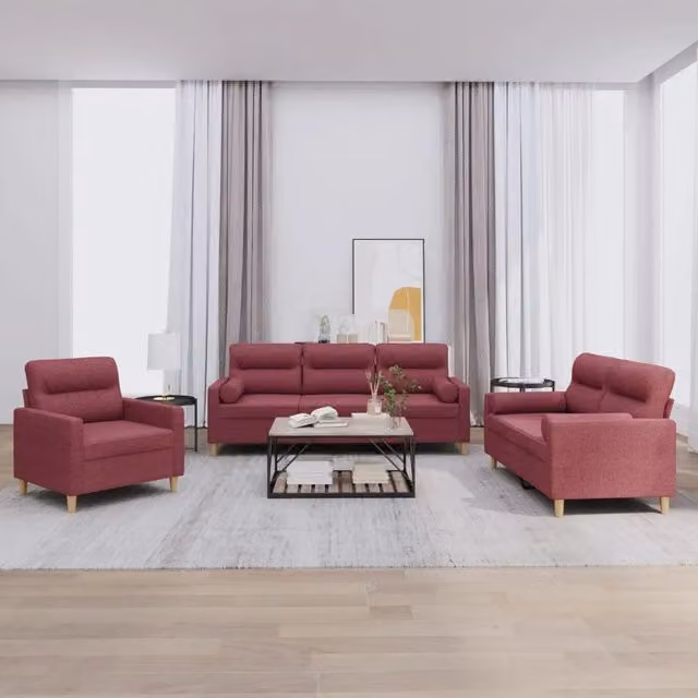 Set di Divani 3 pz con Cuscini Rosso Vino in Tessuto 3201558