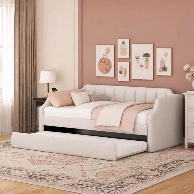 Letto Singolo Imbottito REDOM con Cassetti Beige L/P: 90 x 200 cm