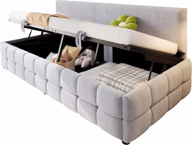 Letto divano singolo con contenitore idraulico e schienale in tessuto velvet grigio chiaro L/P/H: 202 x 90 x 78 cm – 1