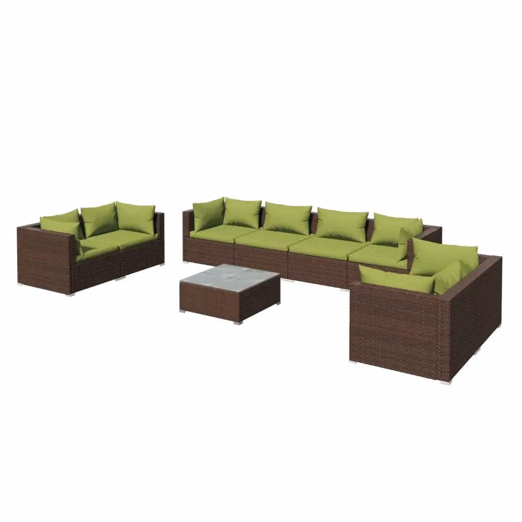 Set di divani da giardino vidaXL in rattan marrone e verde con 9 pezzi, inclusi cuscini e tavolino da caffè – 2