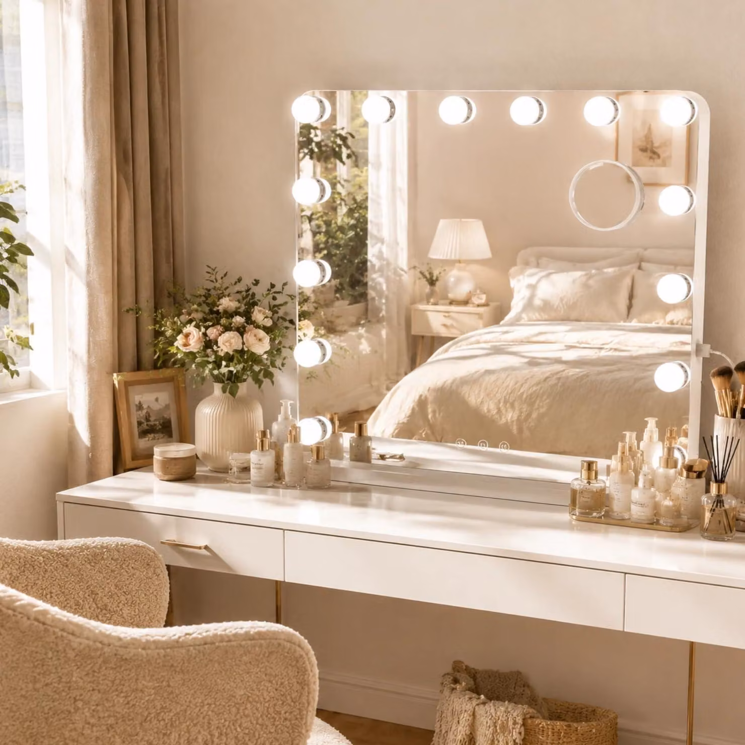 Specchio da trucco Clevich con illuminazione, 58x46 cm. Specchio "Hollywood" con luce
