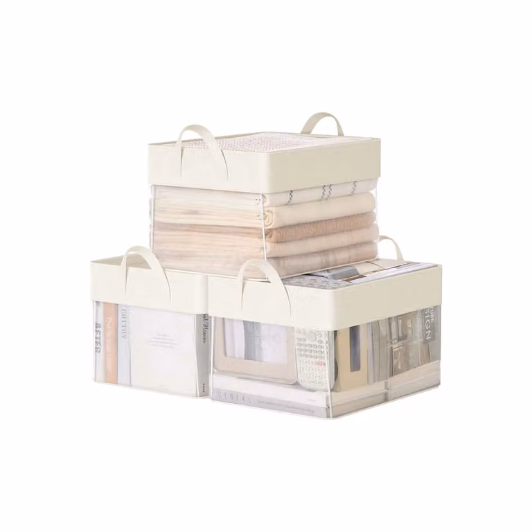 Set di tre contenitori pieghevoli in rete trasparente, Bianco Crema / 40L x 30l x 25H cm