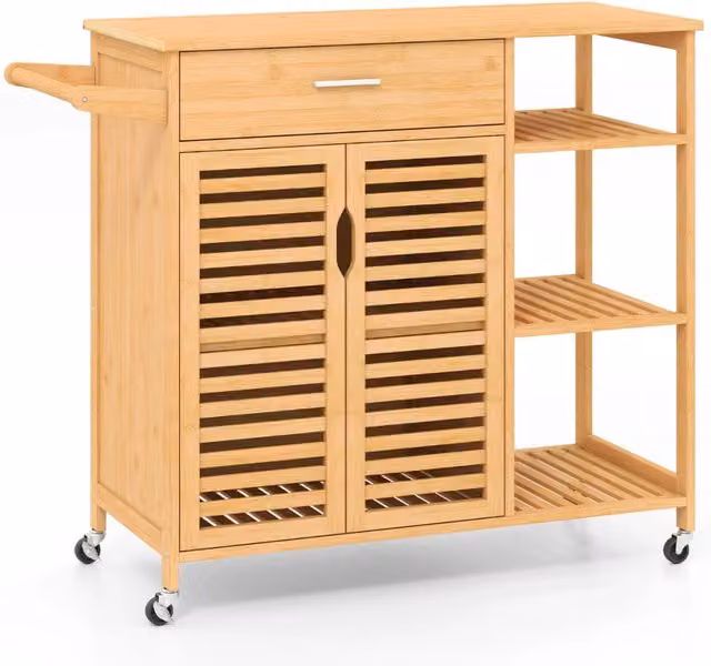 Carrello da cucina Design Mania in legno beige e marrone con 2 porte e barra per asciugamani, L: 89 cm, P: 40 cm, H: 104 cm