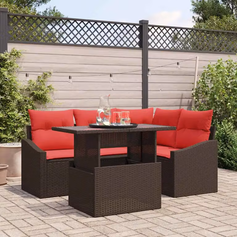 Set Divano da Giardino vidaXL 5 Pezzi a Forma di L con Tavolino, Colore Marrone e Rosso, Struttura in Metallo e Polyrattan con Cuscini Inclusi