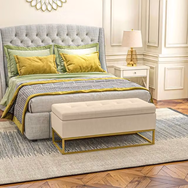 Panca contenitore con coperchio apribile, seduta imbottita e gambe in acciaio in poliestere beige 110×44×49 cm