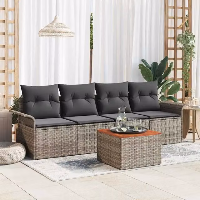 Set Divano da Giardino con cuscino 5 pz-Sofa da Giardino-Divanetto da esterno Grigio polyrattan 259136