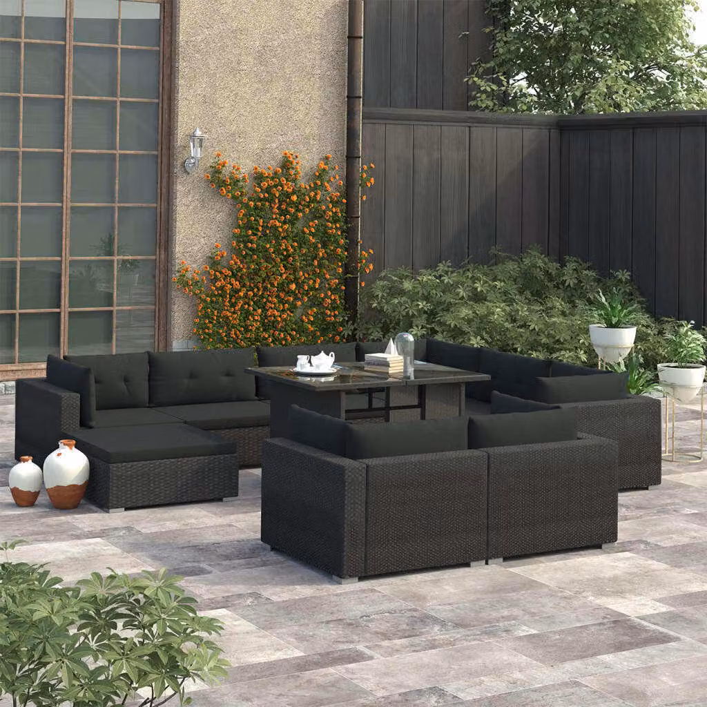 The Living Store Set da giardino da 10 pezzi con cuscini in poly rattan nero