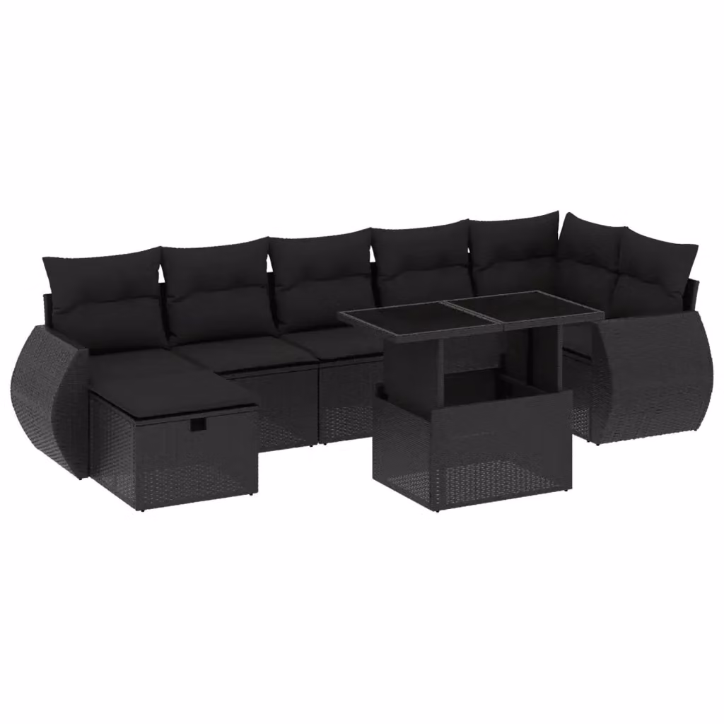 vidaXL Set Divani da Giardino a L in Polyrattan Nero con 8 Cuscini e Tavolino – 2