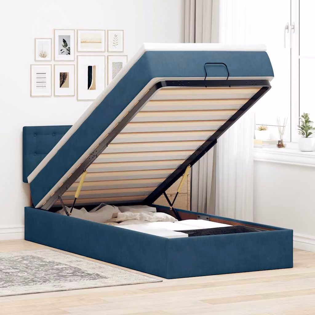 vidaXL Pouf Letto con Materasso e LED Blu Scuro in Velluto L: 200 cm, P: 80 cm, H: 88 cm – 1