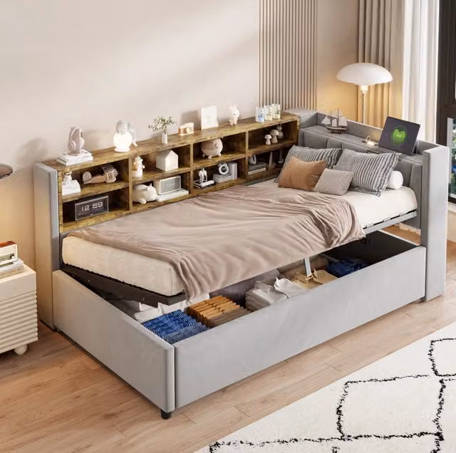 Letto singolo imbottito ULEVR 90x200 cm con vano idraulico, luce notturna, USB e Type-C, velluto grigio