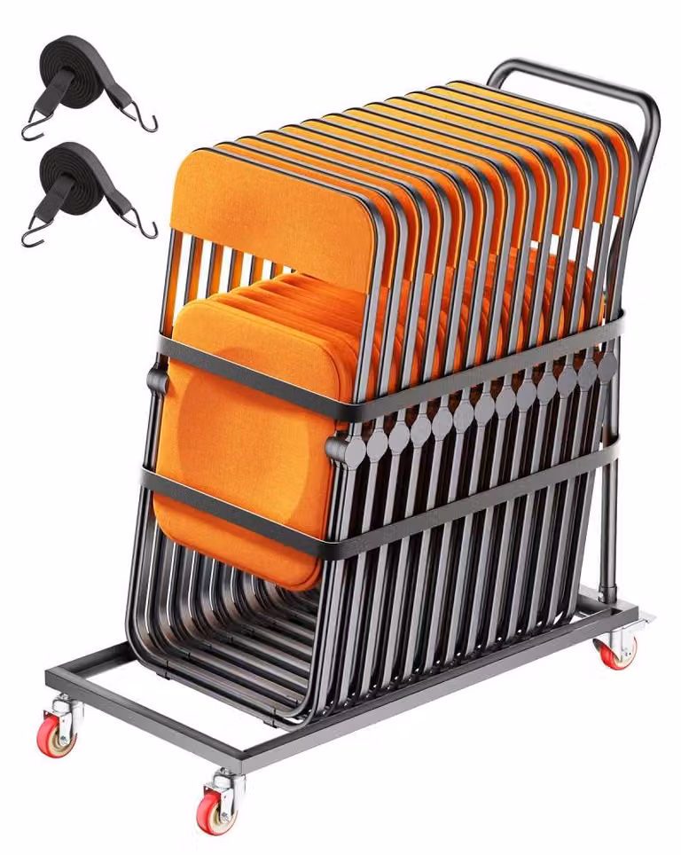 Sedia pieghevole - Colore: nero opaco - Capacità di carico: 136 kg - Capacità: 25 posti - Con ruote - Carrello di trasporto in metallo