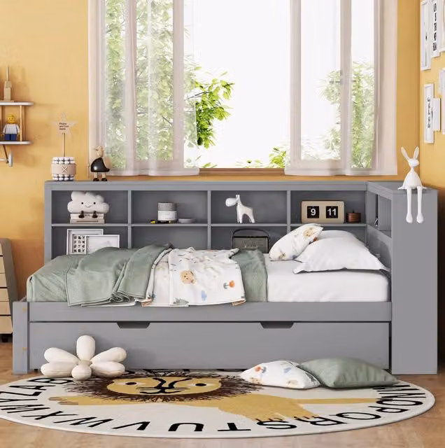 Letto matrimoniale multifunzione 140x200 cm con letto estraibile 90x190 cm e presa USB; grigio