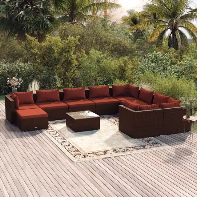 Set di Divani da Giardino a Forma di U vidaXL con 11 Pezzi, Polyrattan Marrone e Rosso con Cuscini Inclusi e Tavolino da Caffè