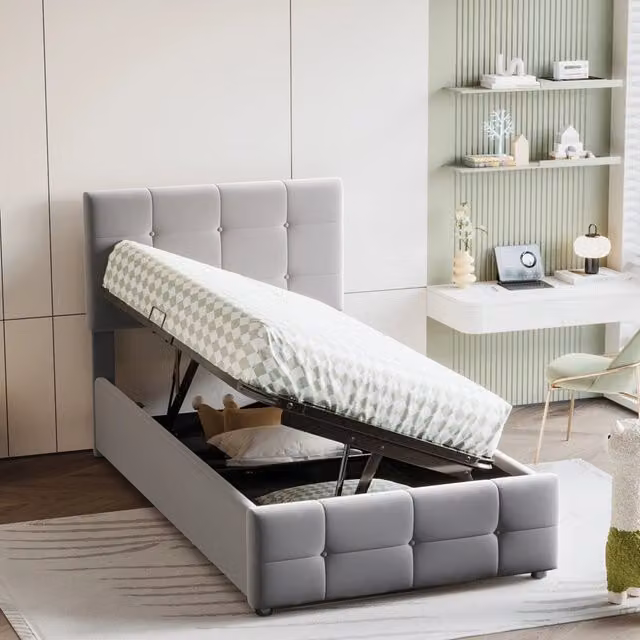 Letto imbottito 90x200 cm grigio in velluto con contenitore e testiera regolabile
