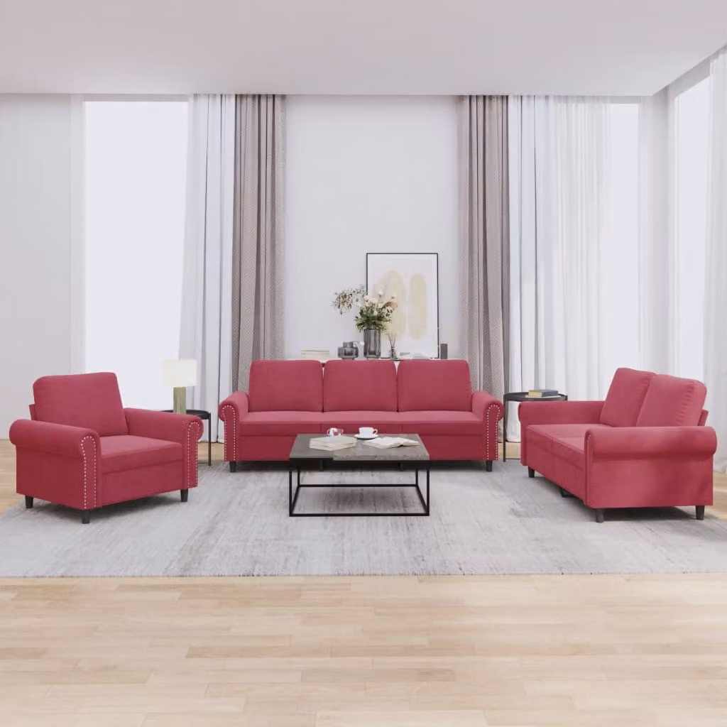 Set di divani vidaXL da 3 pezzi in velluto rosso con cuscini, composto da un divano a 3 posti e un divano a 2 posti con braccioli per il tuo soggiorno