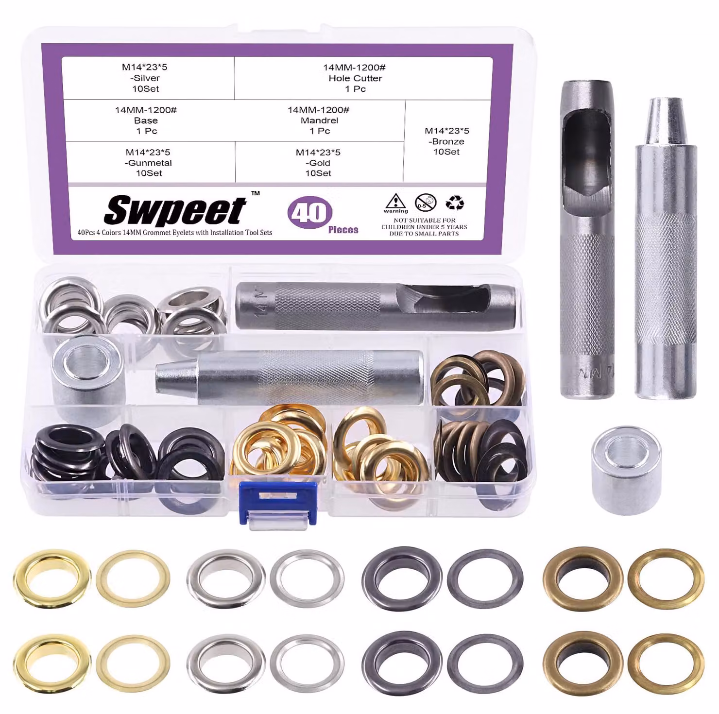 Set di occhielli, 83 pezzi, dimensioni 40x14 mm, 4 colori, con attrezzi