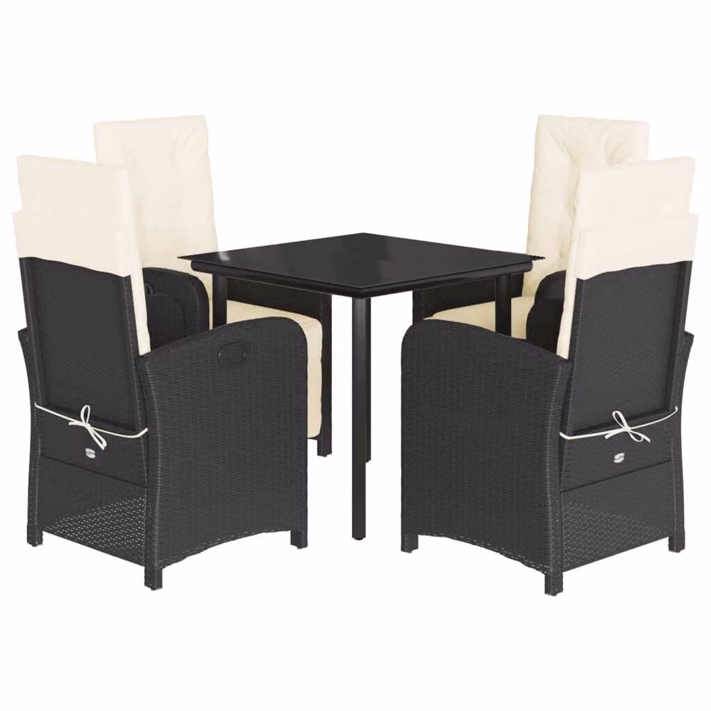 Set da Pranzo da Giardino 5 pz Nero con Cuscini in Polyrattan