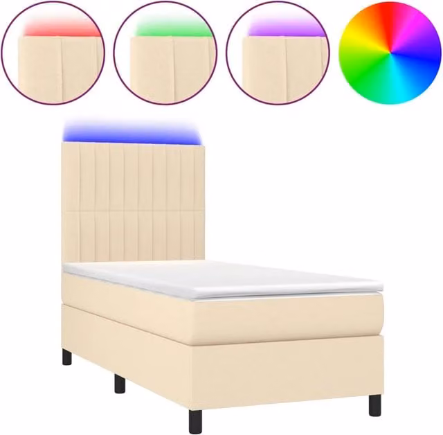 Letto singolo | Letto per adulti | Letto a Molle con Materasso e LED Crema 80x200 cm in Tessuto