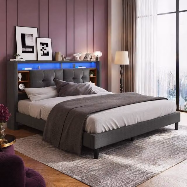 Letto matrimoniale imbottito con contenitore; LED e prese USB; 140x200 cm; grigio