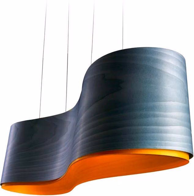 Lampada a sospensione LZF New Wave in legno blu e giallo con luce LED dimmerabile e altezza regolabile