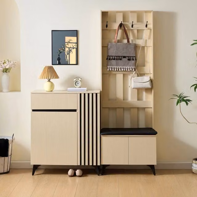 Set di mobili per l'ingresso, scarpiera, panca imbottita, 4 ganci, color legno naturale e nero