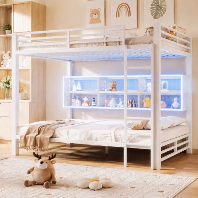 Letto a Castello 140x200 cm in Metallo con Armadietti Contenitori e Luce LED, Bianco