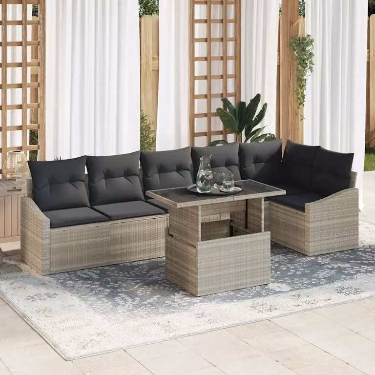 Set Divano da Giardino a L vidaXL in Polyrattan Grigio con Tavolino e 7 Cuscini Imbottiti