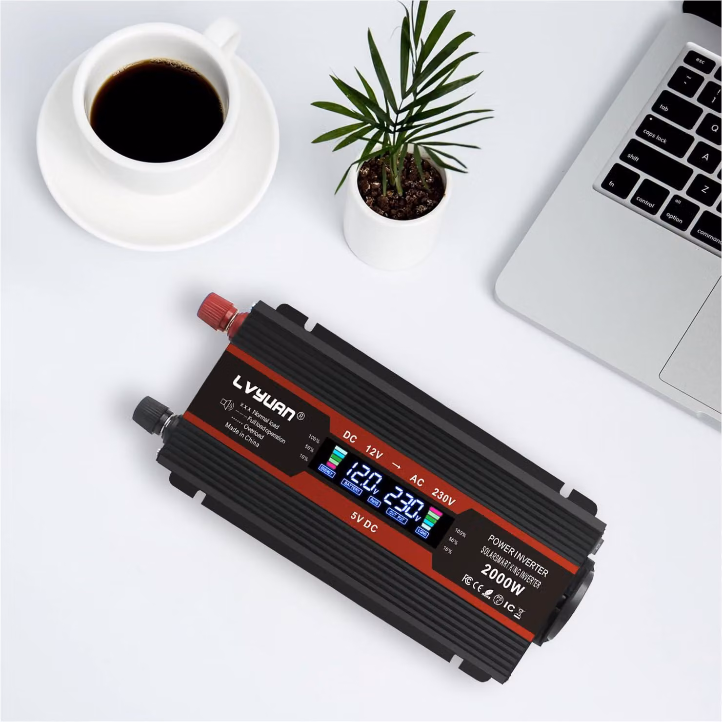 Convertitore di tensione da 1000 W (potenza continua) - Ingresso 12 Volt - 1 presa di corrente - 2 porte USB - Display LCD