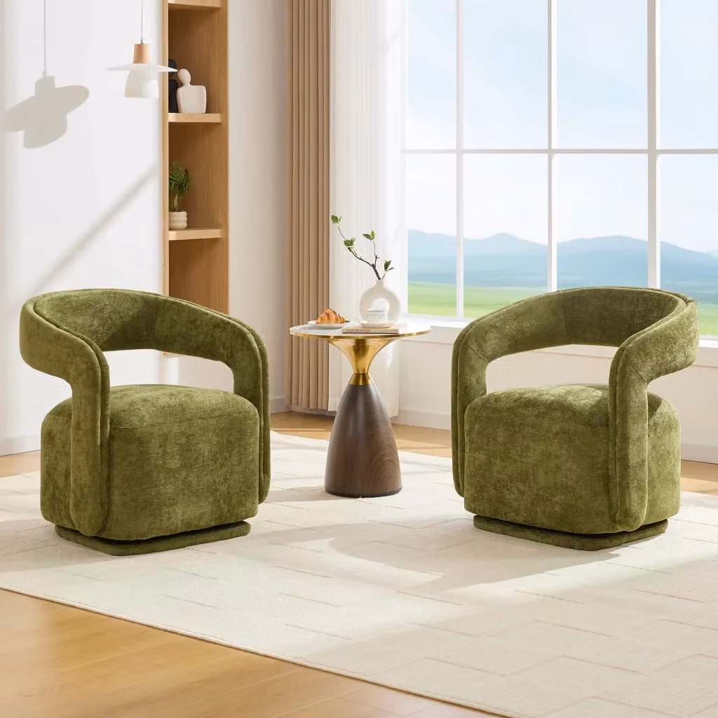 Poltrona girevole MIVRAY in tessuto chenille verde con struttura in legno e imbottitura in schiuma, L: 74 cm, P: 65,5 cm, H: 70 cm – 2