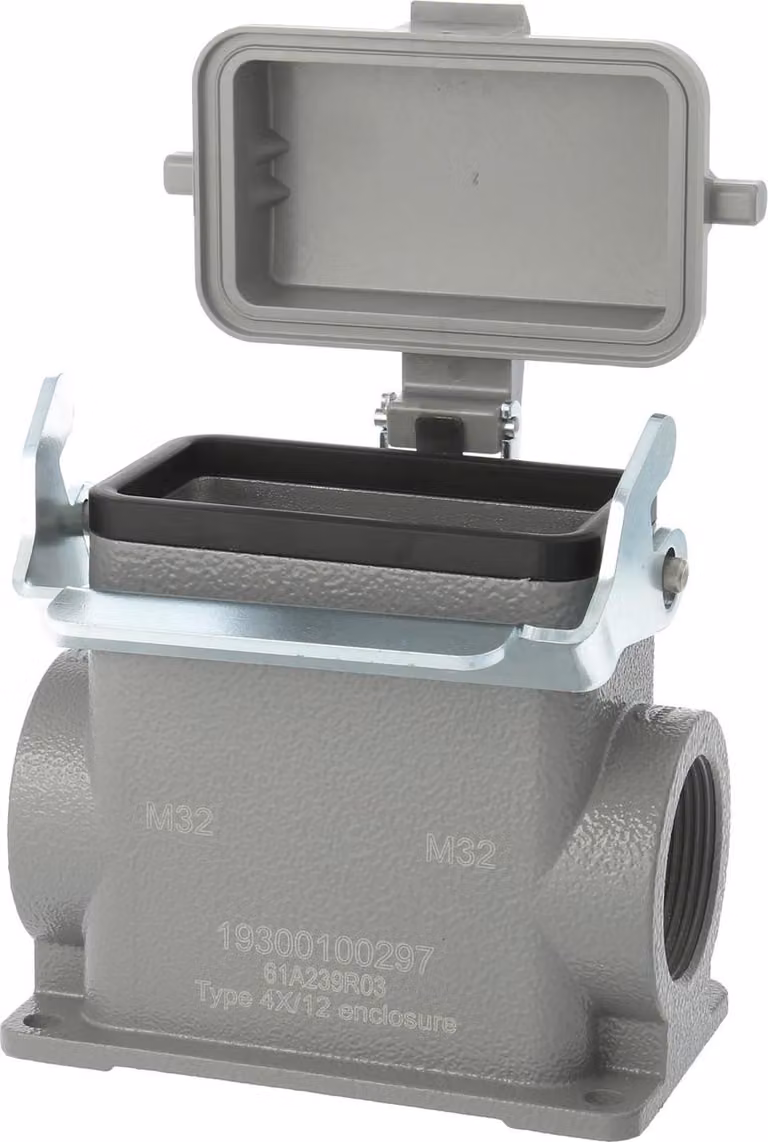 HARTING Han 10B Base alta, 2xPG21 uscita cavi laterale, con 1 staffa longitudinale con cappuccio protettivo in plastica - 1