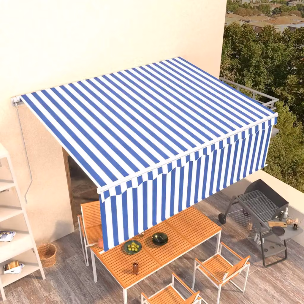 vidaXL Tenda Sole Retrattile Manuale con Parasole in Alluminio e Poliestere, L: 400 cm, P: 300 cm, Colore Blu e Bianco