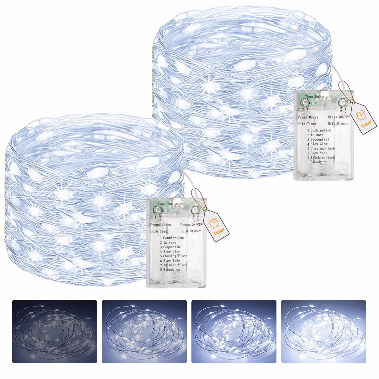 Catena luminosa da 5 metri, con 50 LED, alimentata a batteria, confezione da 2 pezzi, dimmerabile, luce bianca fredda
